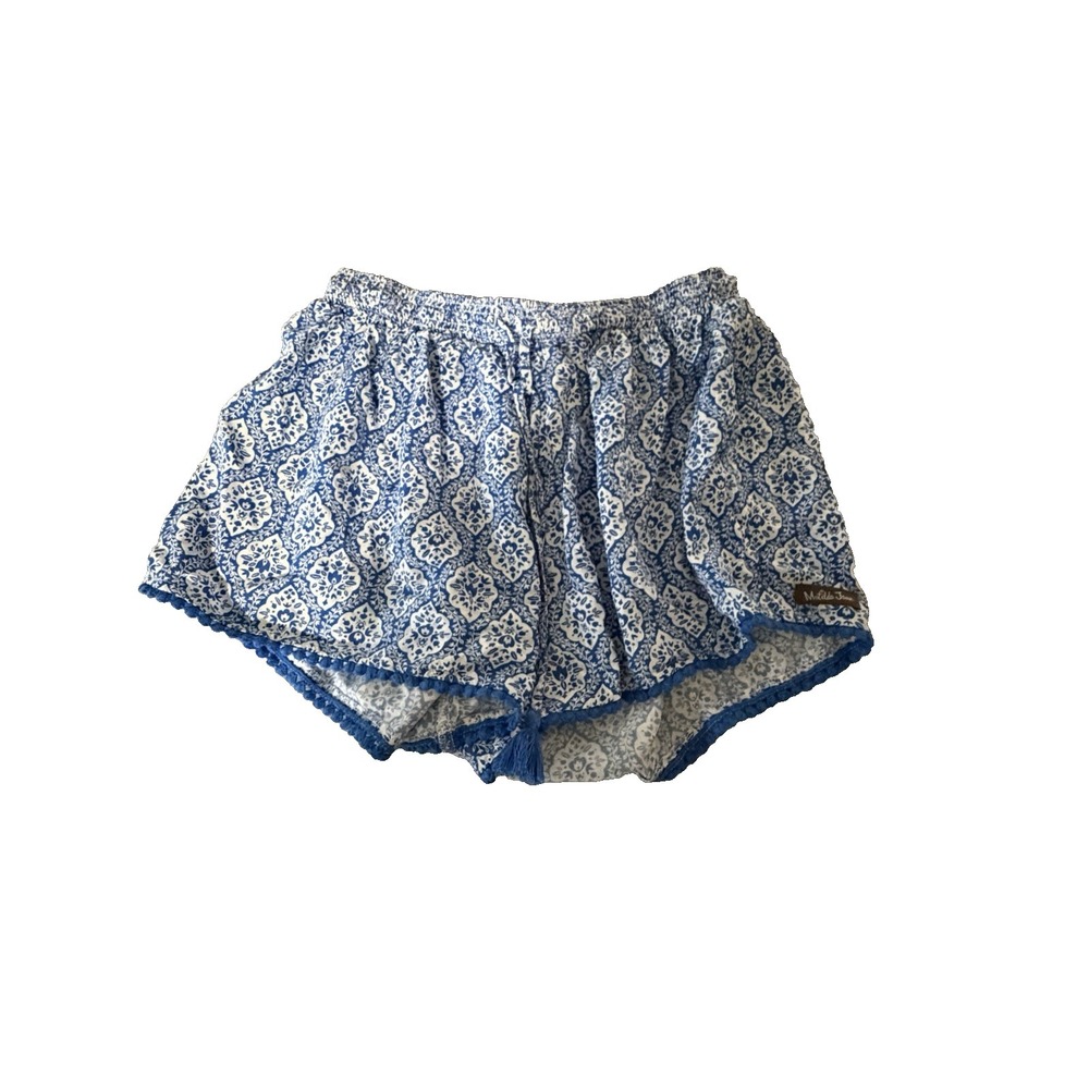 Matilda Jane Women's Size Medium White Blue Geometric Shorts with Pom Pom Fringe